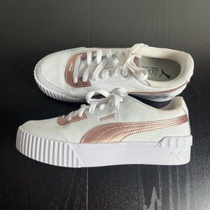 PUMA Womens Size 9.5 Carina Lift Metallic Sneakers in White/Rose Gold NEW w/FLAW